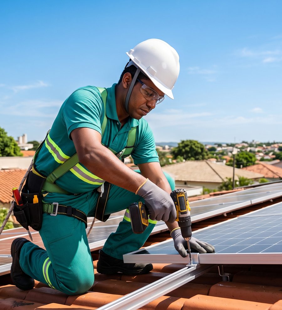 Tecnico instalando painel solar em telhado